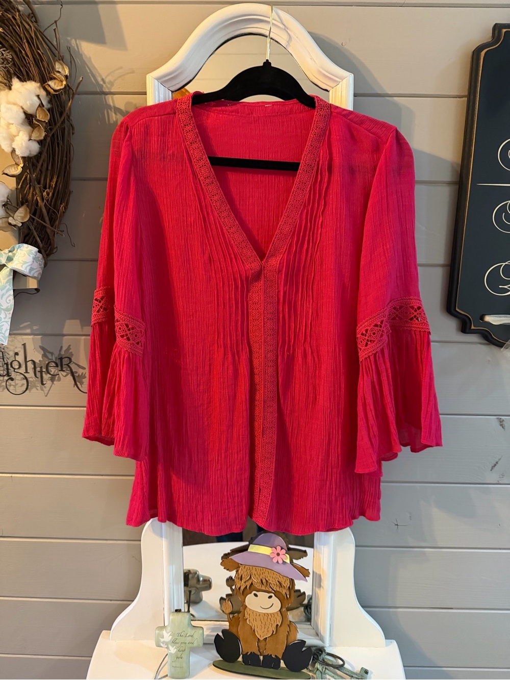Women's Pink V-Neck Crochet Accent Blouse